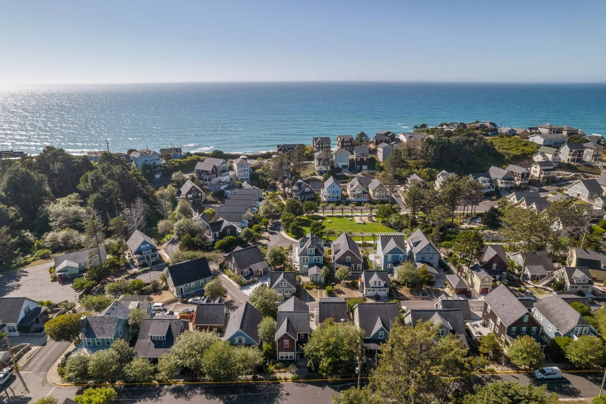 A peaceful view looking over a cluster of houses with green park areas and a glimpse of the coastline beyond. The scene hints at community amenities and walkability, with open spaces suitable for daily walks and outdoor fun with pets.