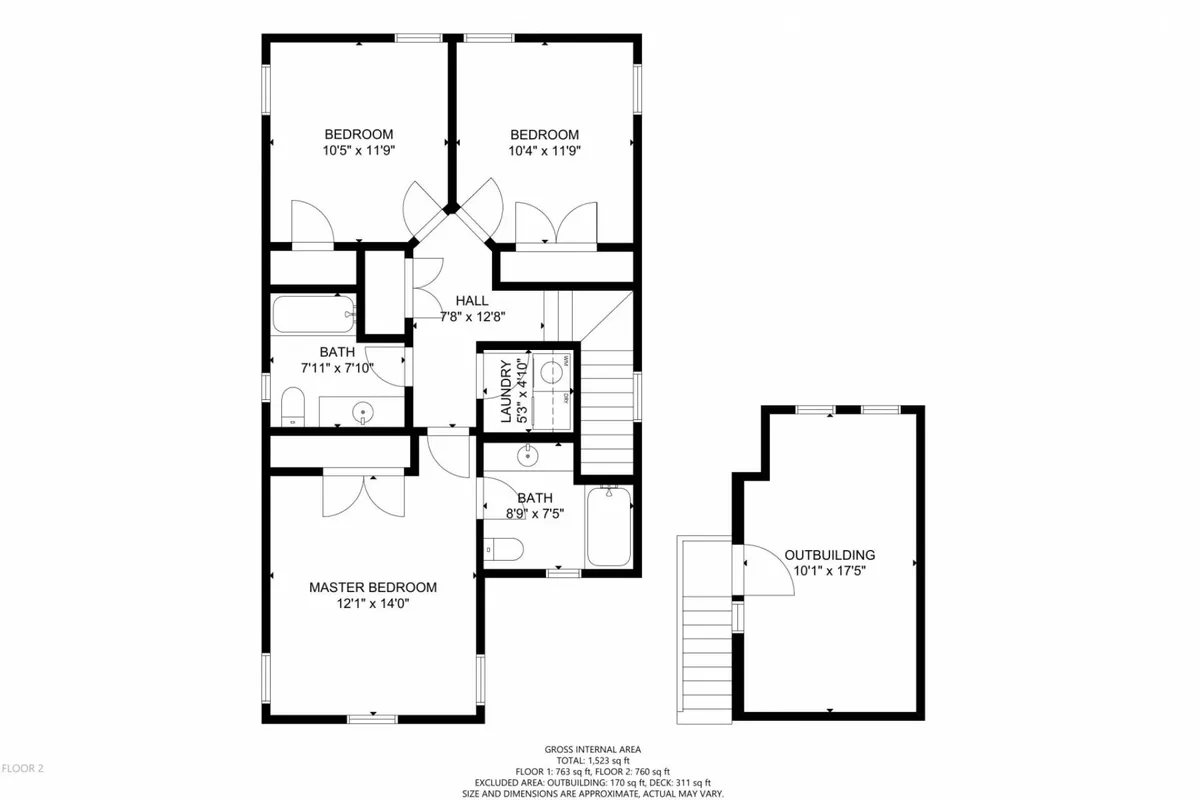 A cozy master bedroom with a plush king-sized bed, complemented by soft lighting, a comfortable duvet, and tasteful decor. A glimpse of an outbuilding through the window hints at the property’s additional living spaces. The view also includes a hallway leading to other bedrooms and a well-appointed bathroom, conveying a sense of privacy and comfort.
